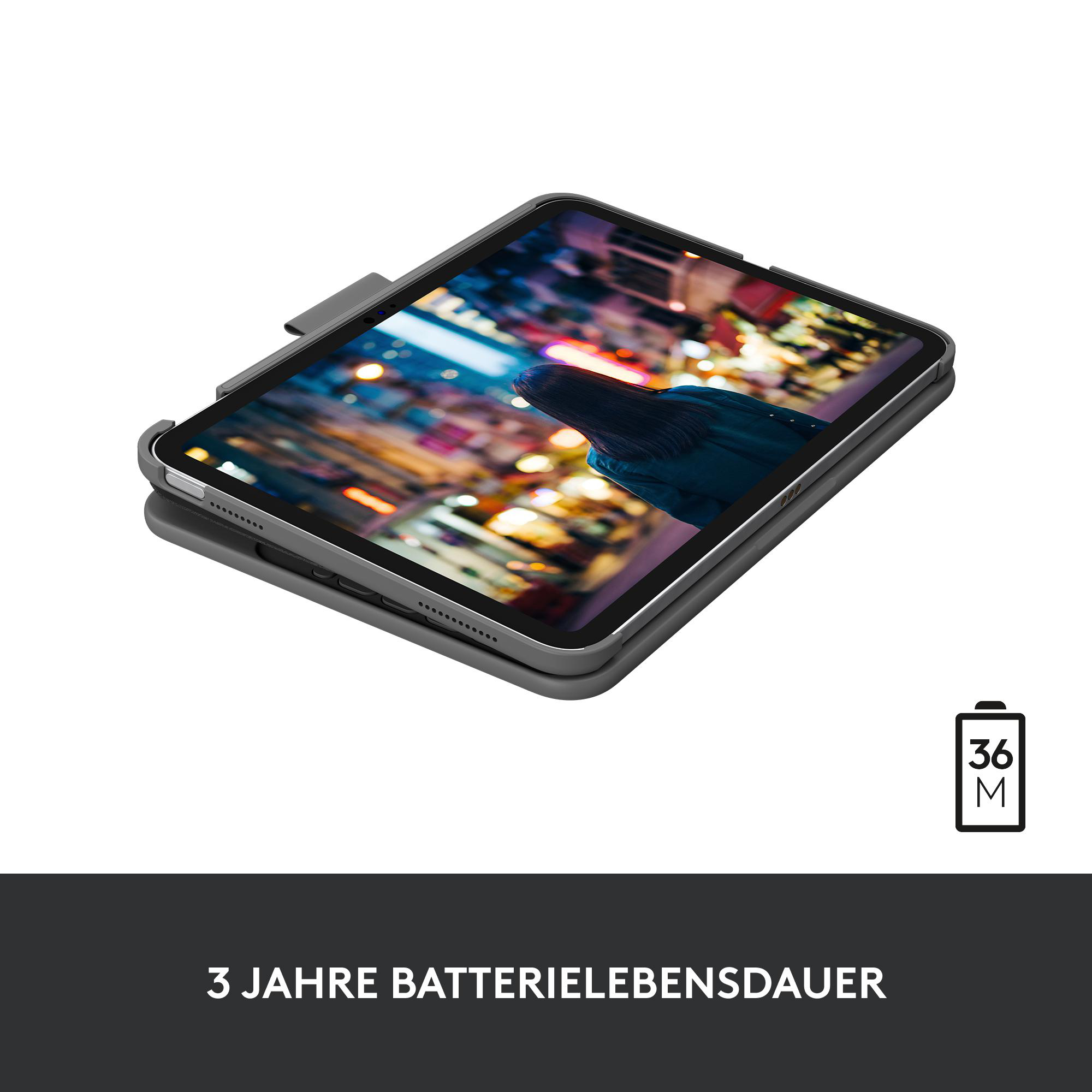 Ein Tablet in einer dunkelgrauen Hülle, mit Stadtbild auf dem Bildschirm und Text '36M' unten.