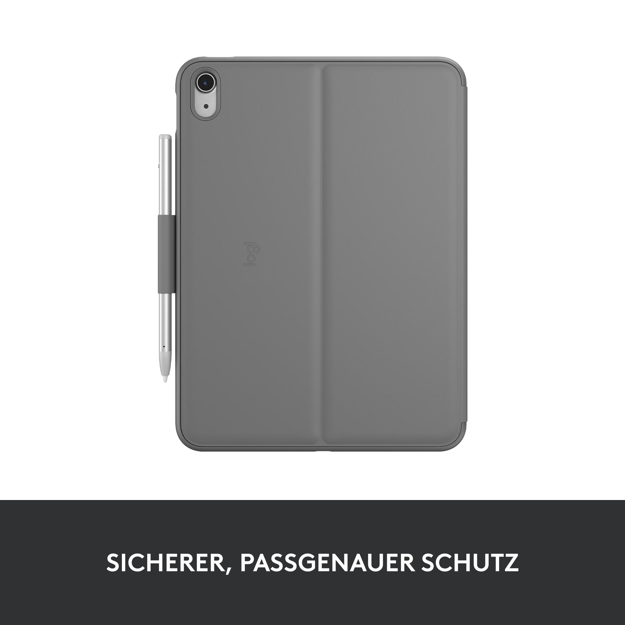 Eine graue Tablet-Hülle mit einem Stift. Der Text lautet: SICHERER, PASSGENAUER SCHUTZ.