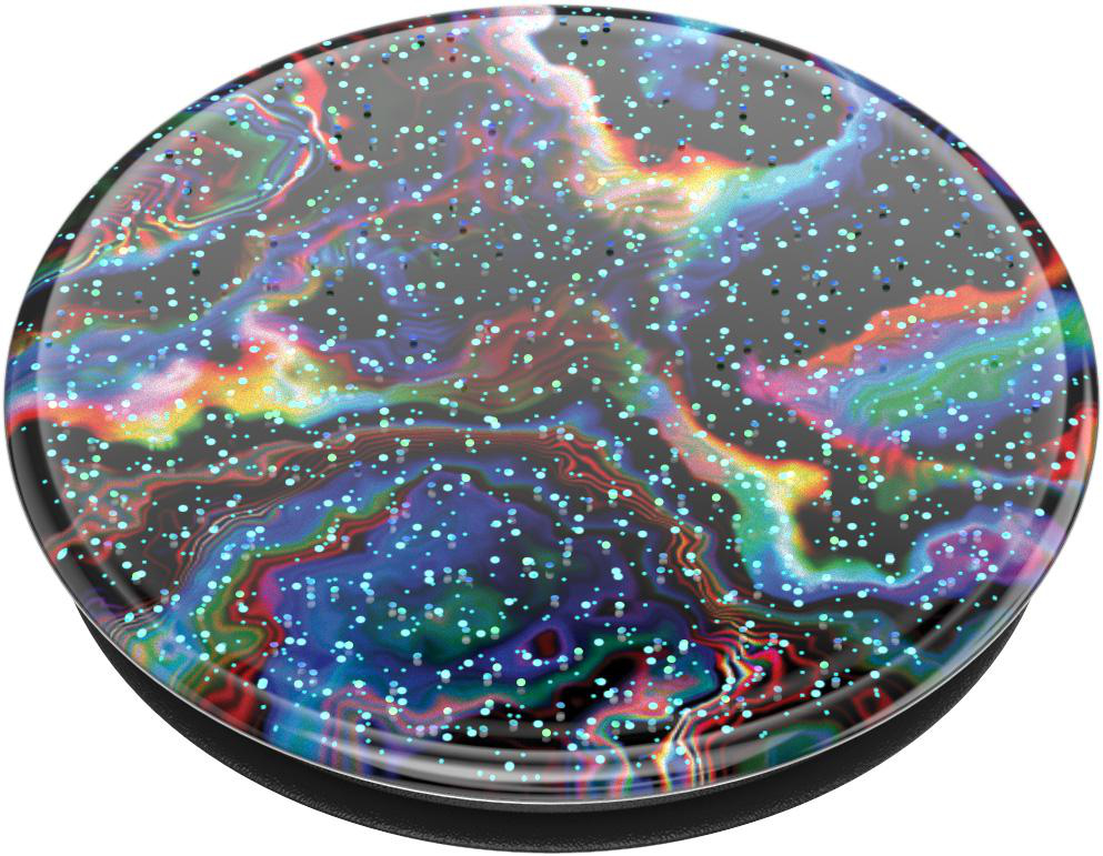 Runder PopSockets mit farbenfrohem Marmordesign und glitzernden Punkten.