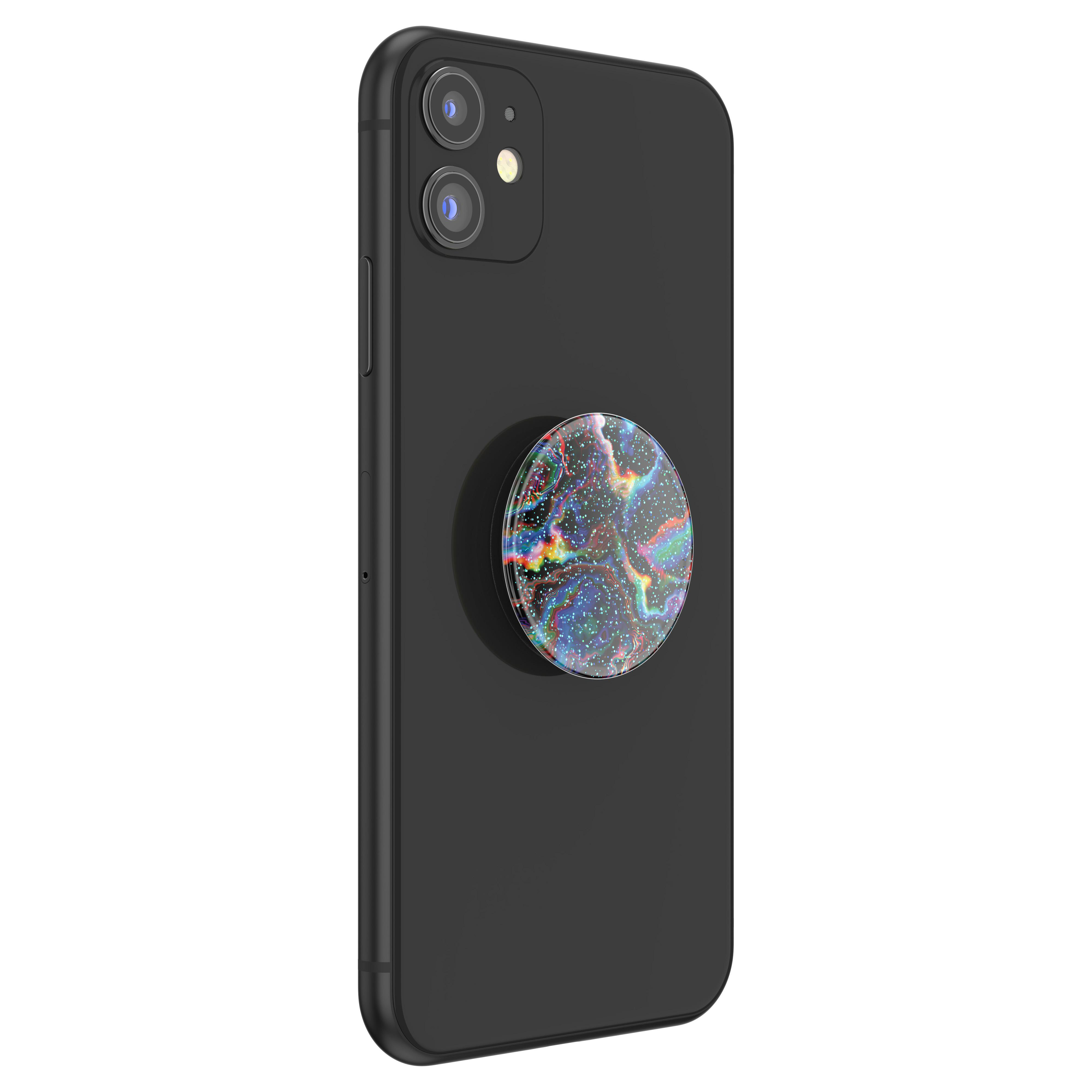 Schwarzes Telefon mit Pop-Socket. Der Sockel ist rund mit einem bunten, galaxieartigen Design.