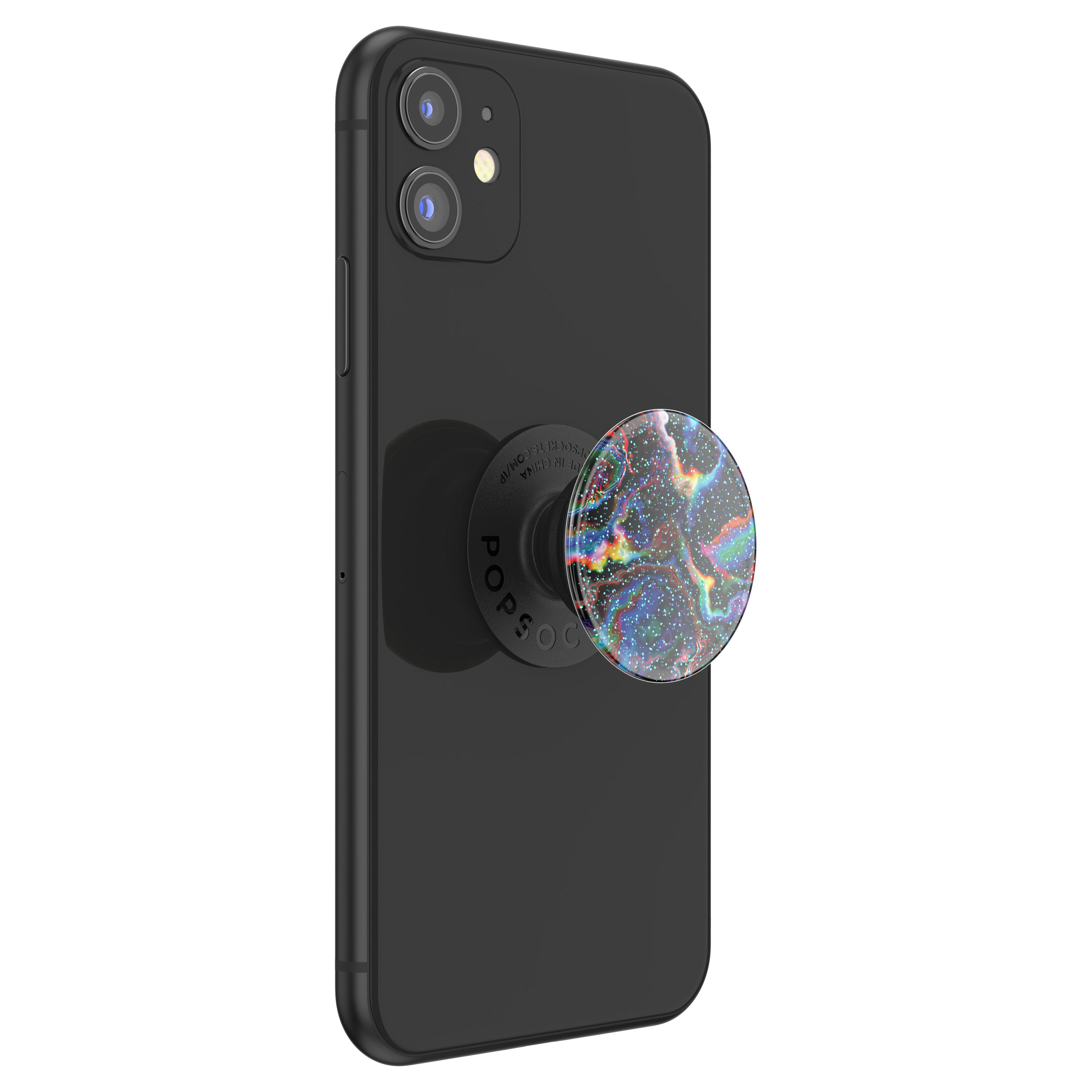 Schwarzes Telefon mit einem PopSocket, das ein farbenfrohes, galaxieartiges Design zeigt.