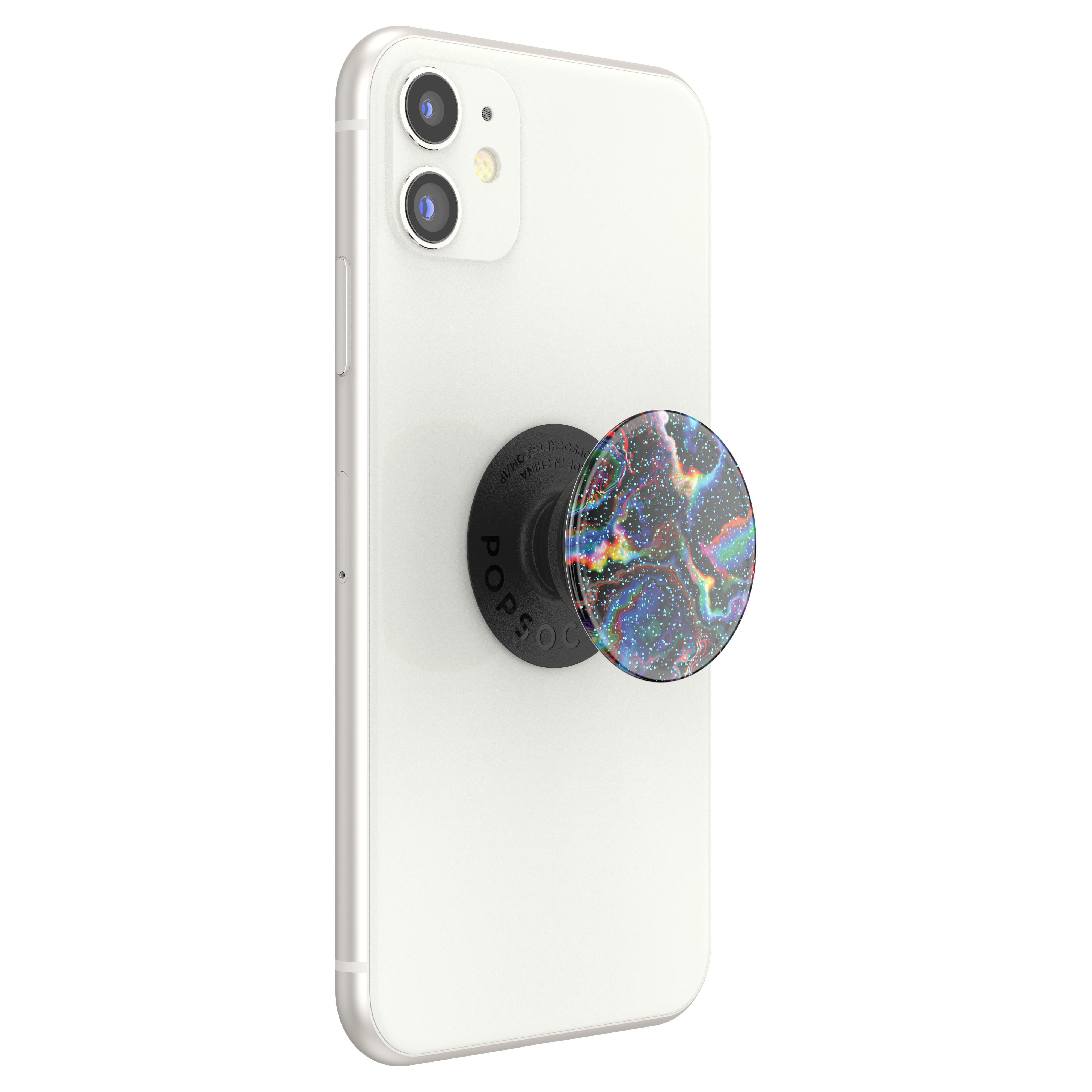 Ein weißes Telefon hat einen schwarzen Popsocket mit buntem Design befestigt.