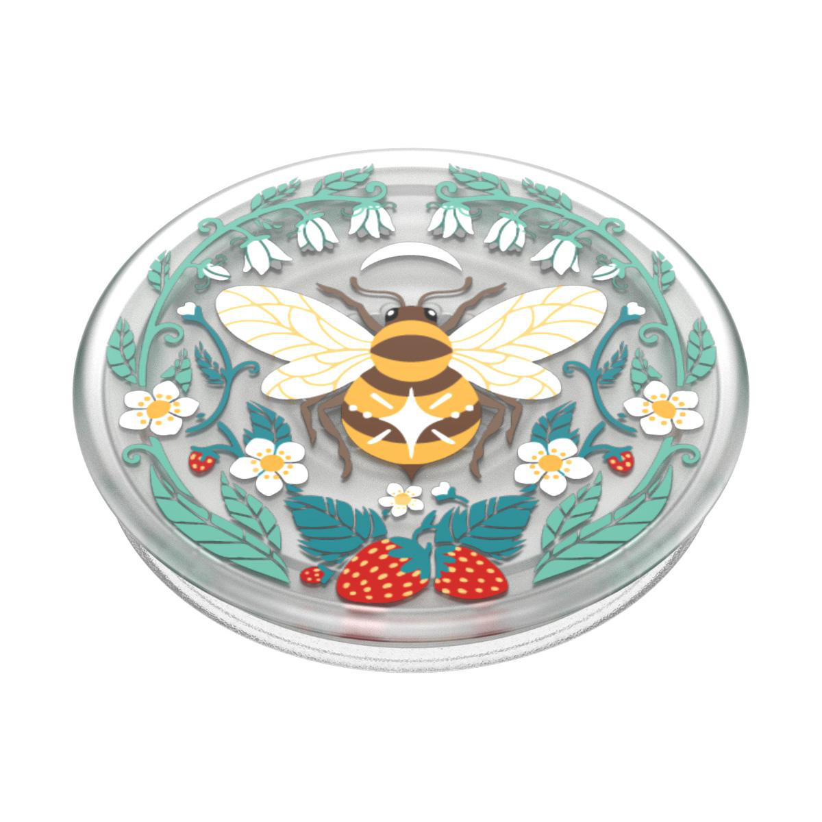 Ein künstlerisches Design einer Biene in einem Kreis aus Blumen, Blättern und Erdbeeren.
