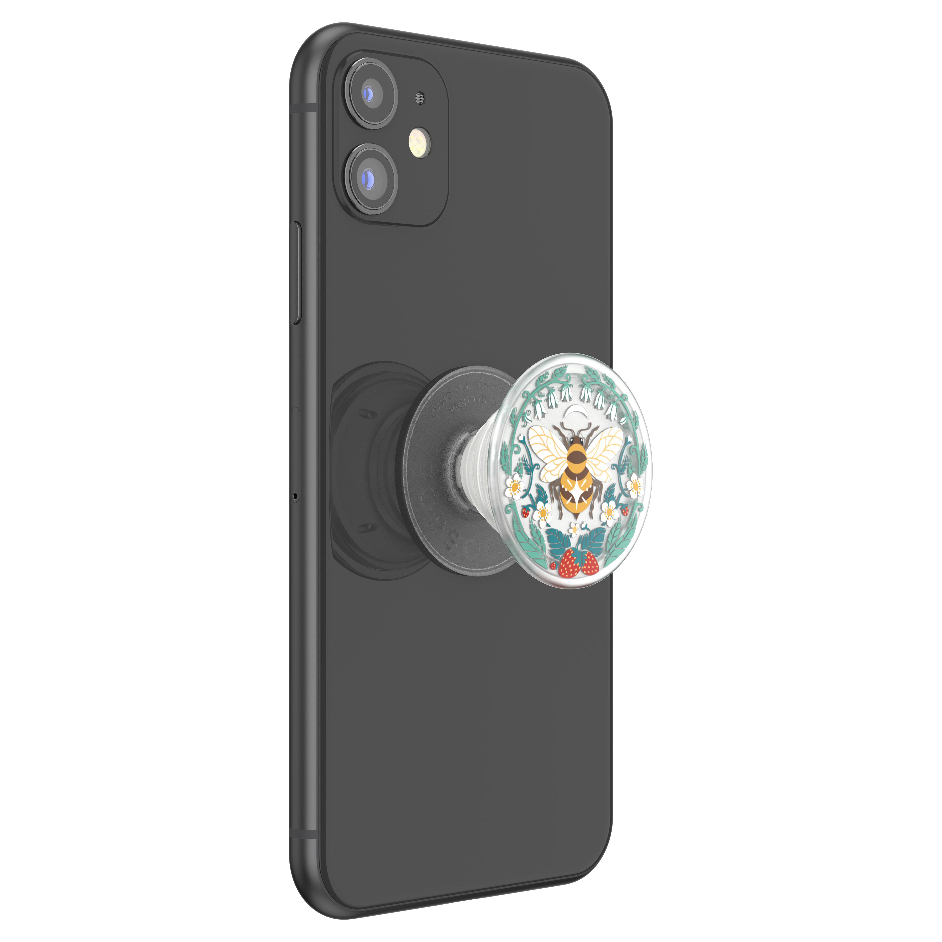 Smartphone mit einem PopSocket im Bienen-Design auf der Rückseite.