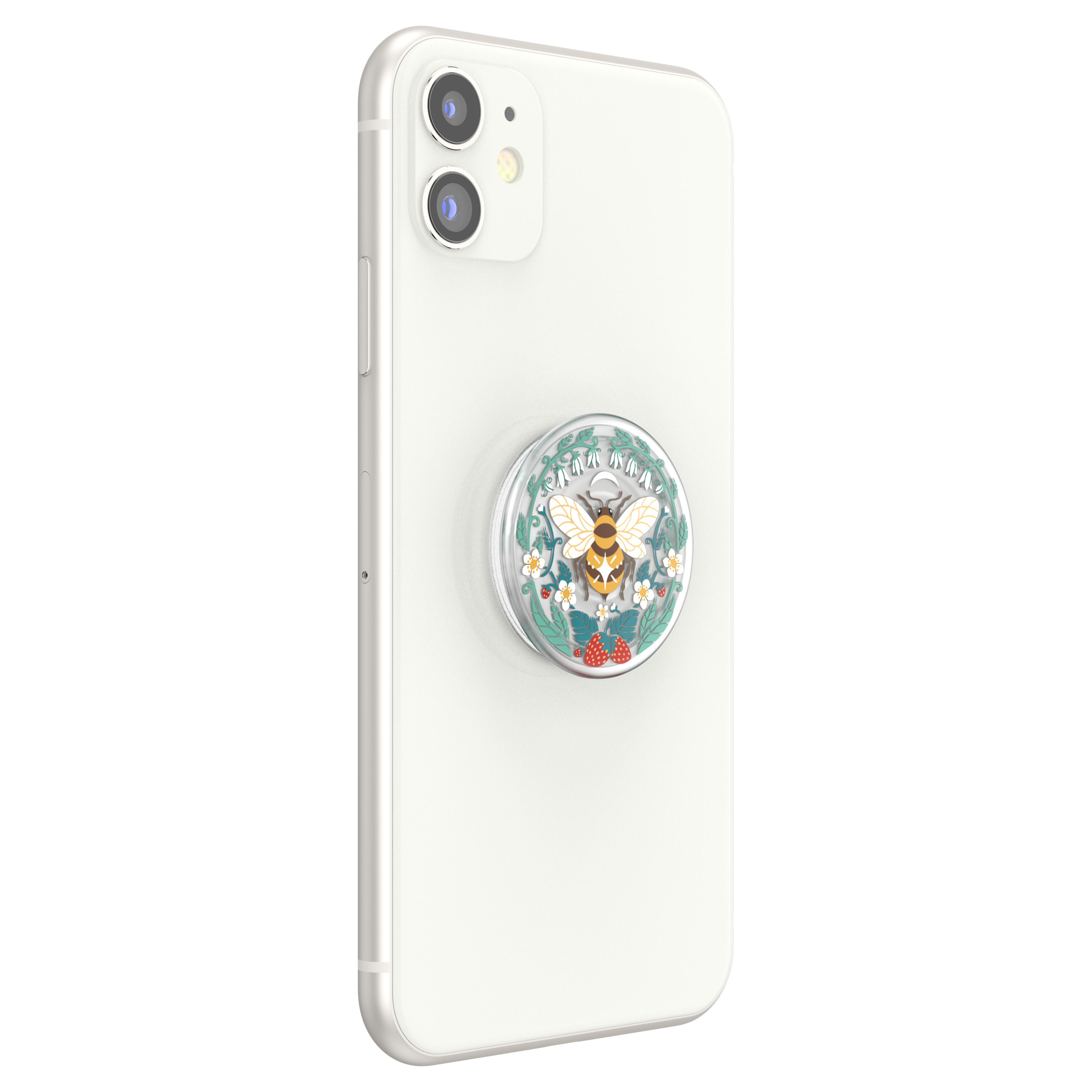 Weißes Telefon mit rundem Pop-Socket mit Biene, Blumen und Erdbeeren.
