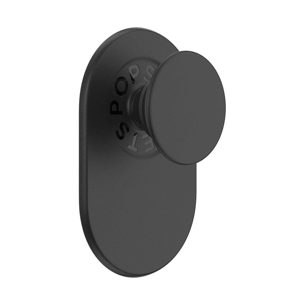 Schwarzer PopSockets-Griffständer, ovale Basis mit Text.