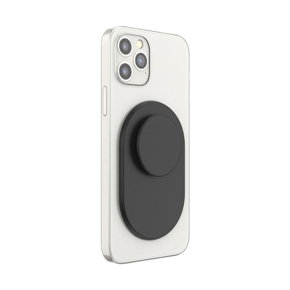 Ein Telefon mit einem schwarzen PopSocket. Das Telefon ist weiß.