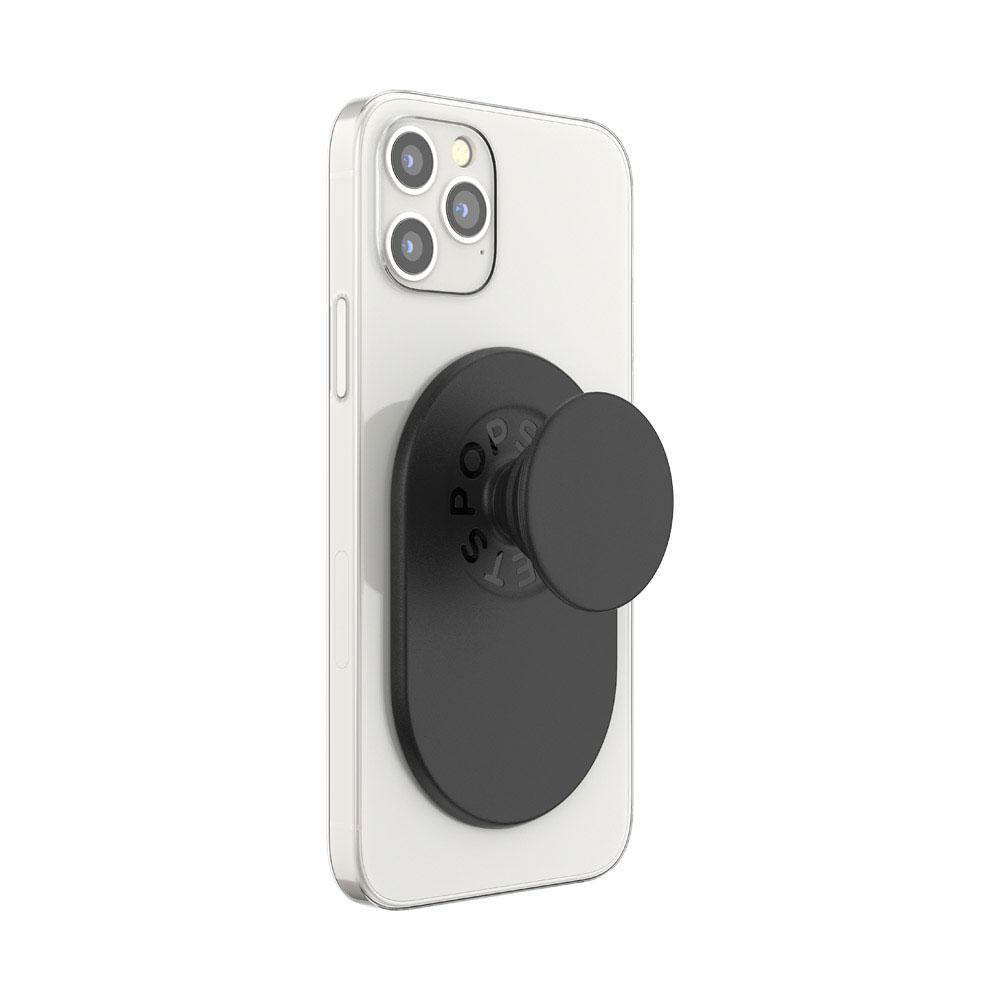 Schwarzes Telefon mit schwarzem PopSocket, weißer Telefonrückseite und drei Kameras.