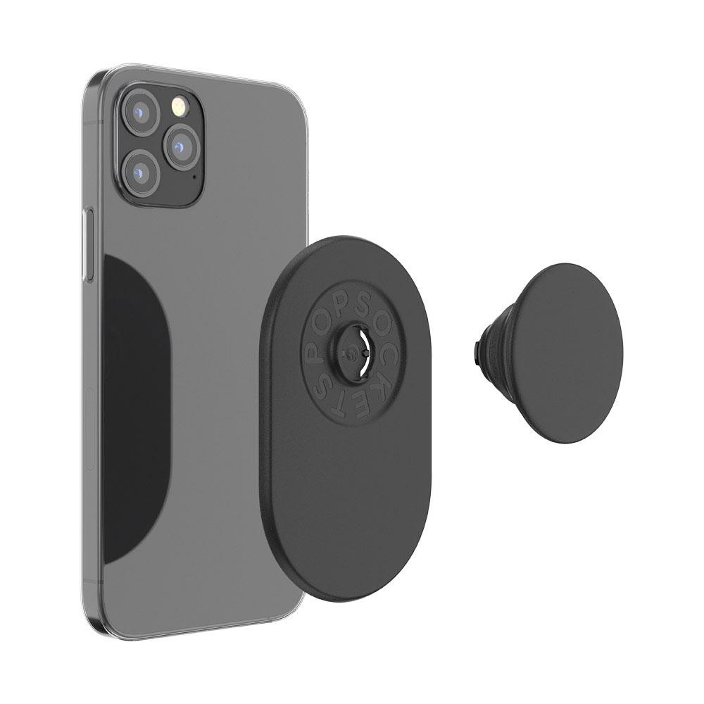 Schwarzes Telefon mit Pop-Socket und separatem schwarzen Pop-Socket, auf weißem Hintergrund.