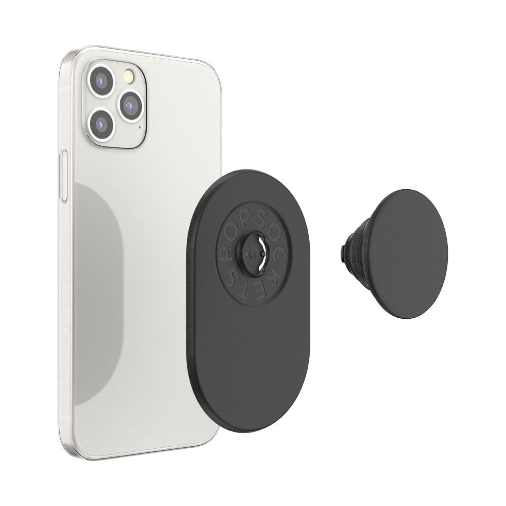 Ein Telefon mit einem schwarzen PopSocket und einem Aufsatz. Weißer Hintergrund.