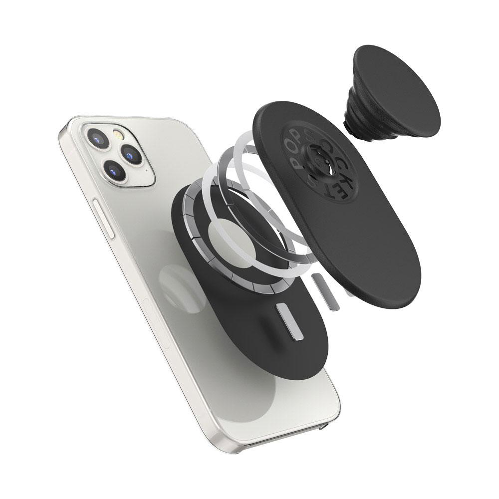 Telefon mit PopSockets, zeigt Komponenten der Halterung und des Telefons.