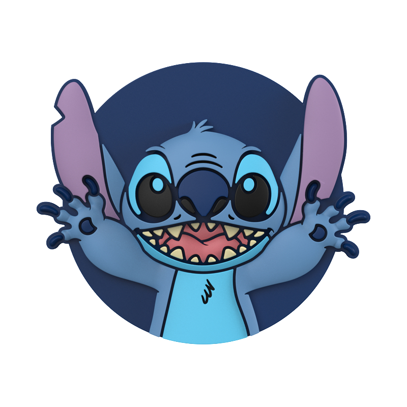 Zeichentrickfigur Stitch aus Lilo & Stitch, lächelt und hält die Arme aus.