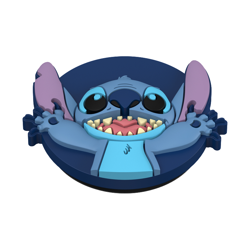 Stitch, eine Zeichentrickfigur, ist blau mit großen Ohren und einem breiten Grinsen, auf blauem Grund.