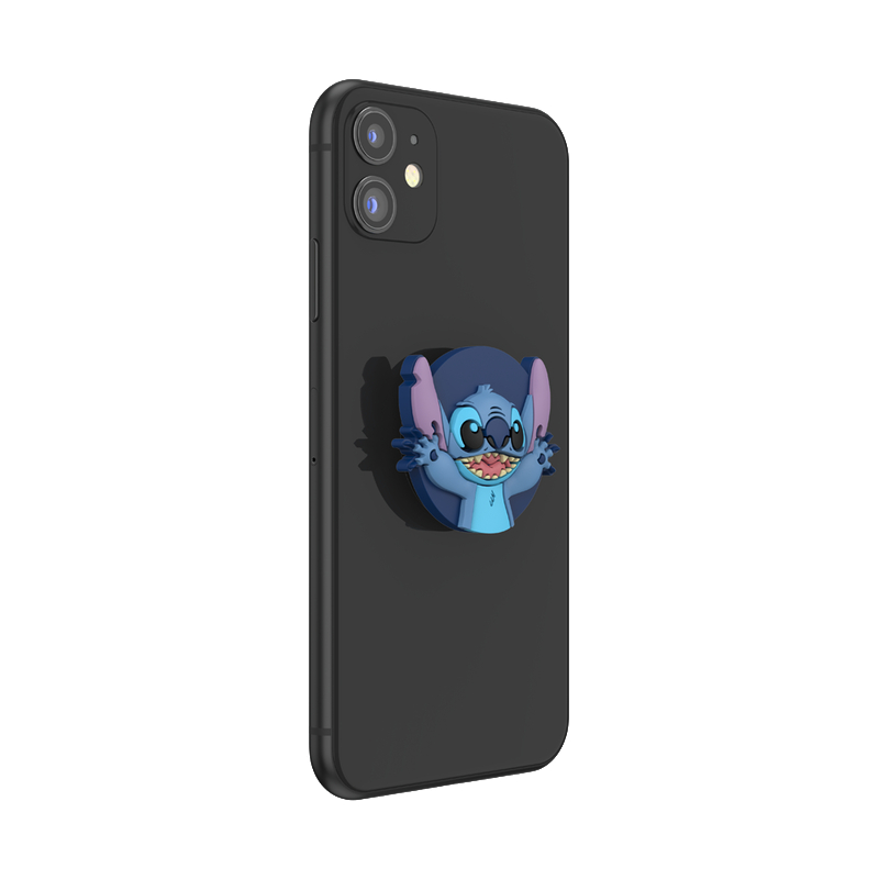 Schwarzes Telefon mit einer blauen Stitch-Figur auf der Rückseite.