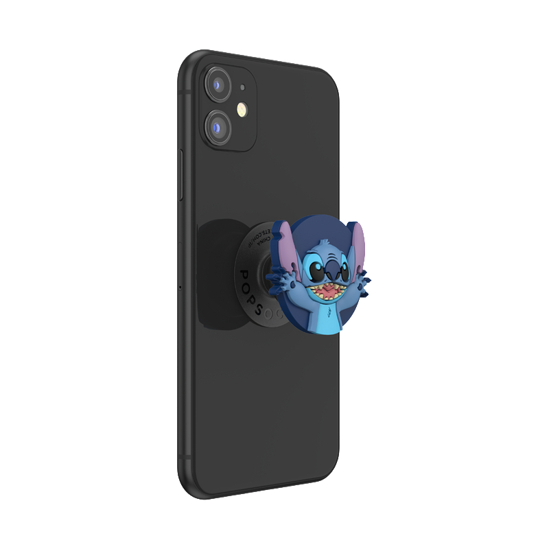 Ein schwarzes Telefon mit einem Stitch PopSocket, vor weißem Hintergrund.
