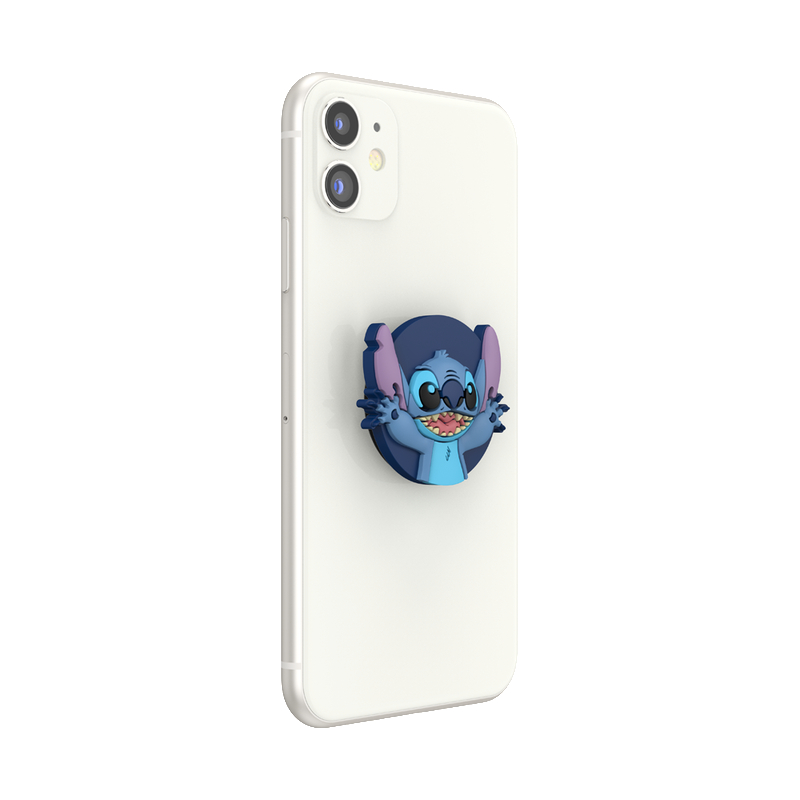 Weißes iPhone mit einem Stitch-Popsocket. Der Popsocket ist blau und hat Stitchs Gesicht.