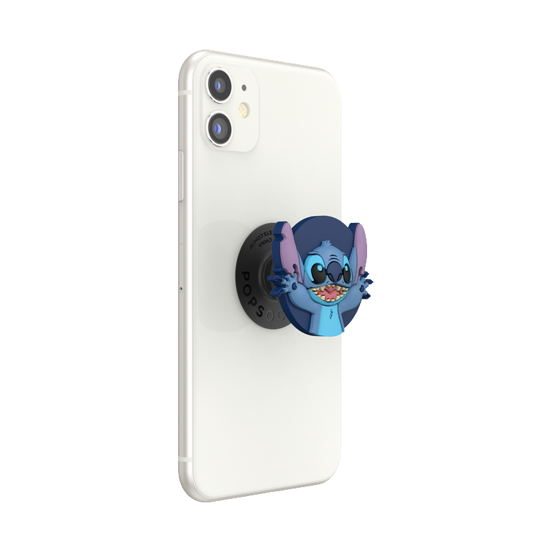Weißes Telefon mit einem Stitch PopSockets-Griff. Stitch ist blau mit großen Ohren.