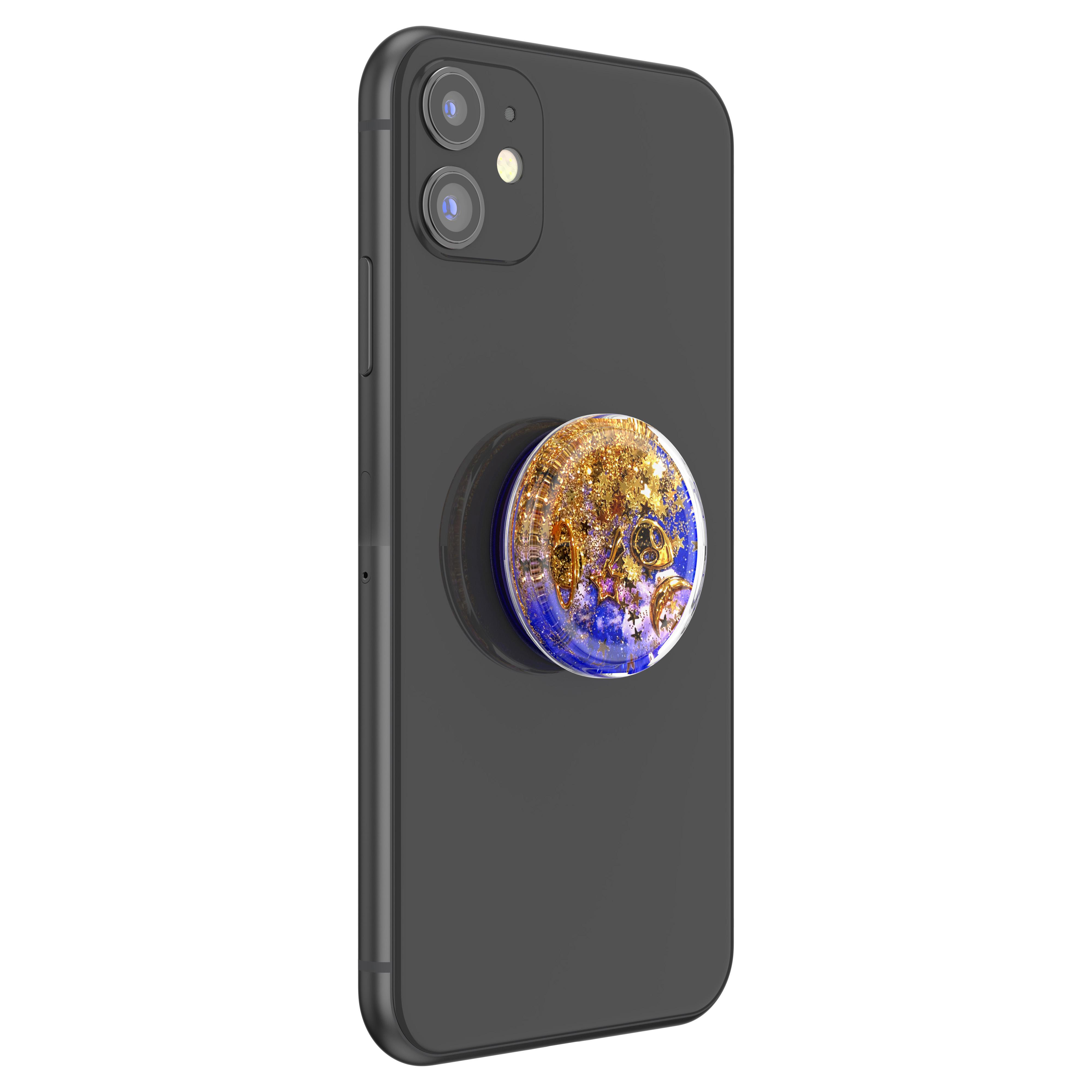 Schwarze Telefonrückseite mit einem glitzernden runden Pop-Socket, das goldenen Glitzer und blaue Flüssigkeit zeigt.