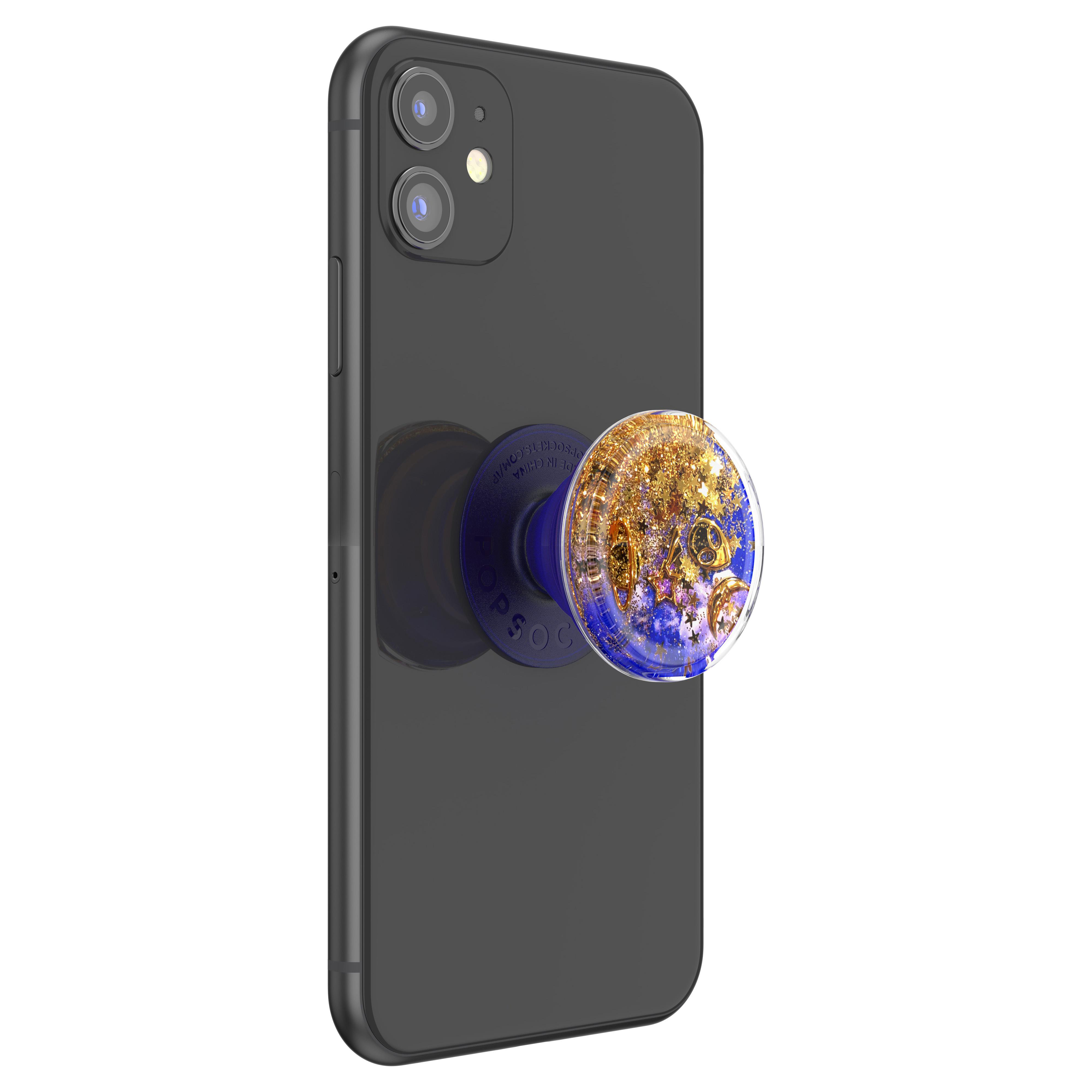 Schwarzes Telefon mit blau-goldenem Pop-Socket auf der Rückseite, weißer Hintergrund.