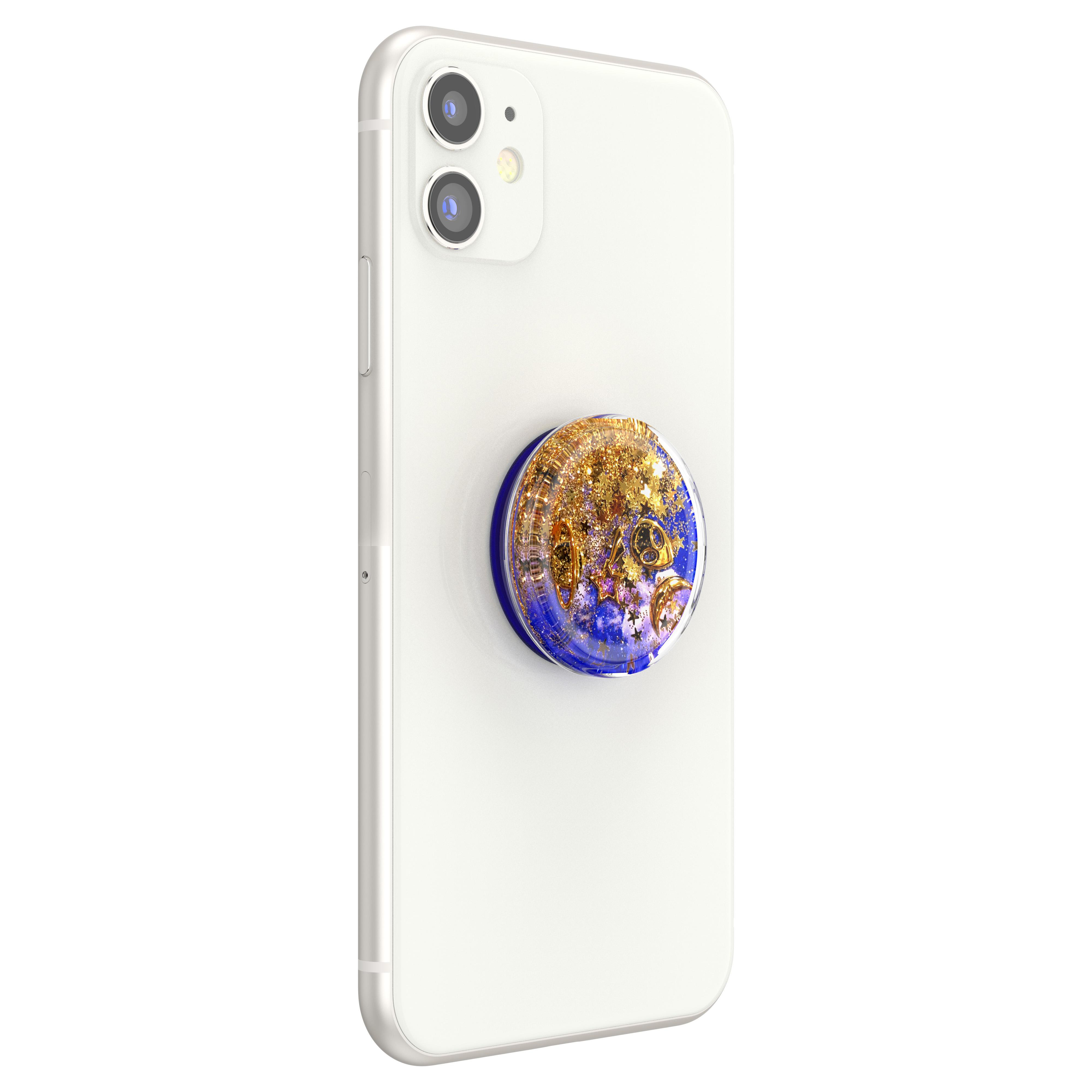 Ein weißes Telefon mit einem blau-goldenen Glitzer-PopSocket mit einem abstrakten Design.