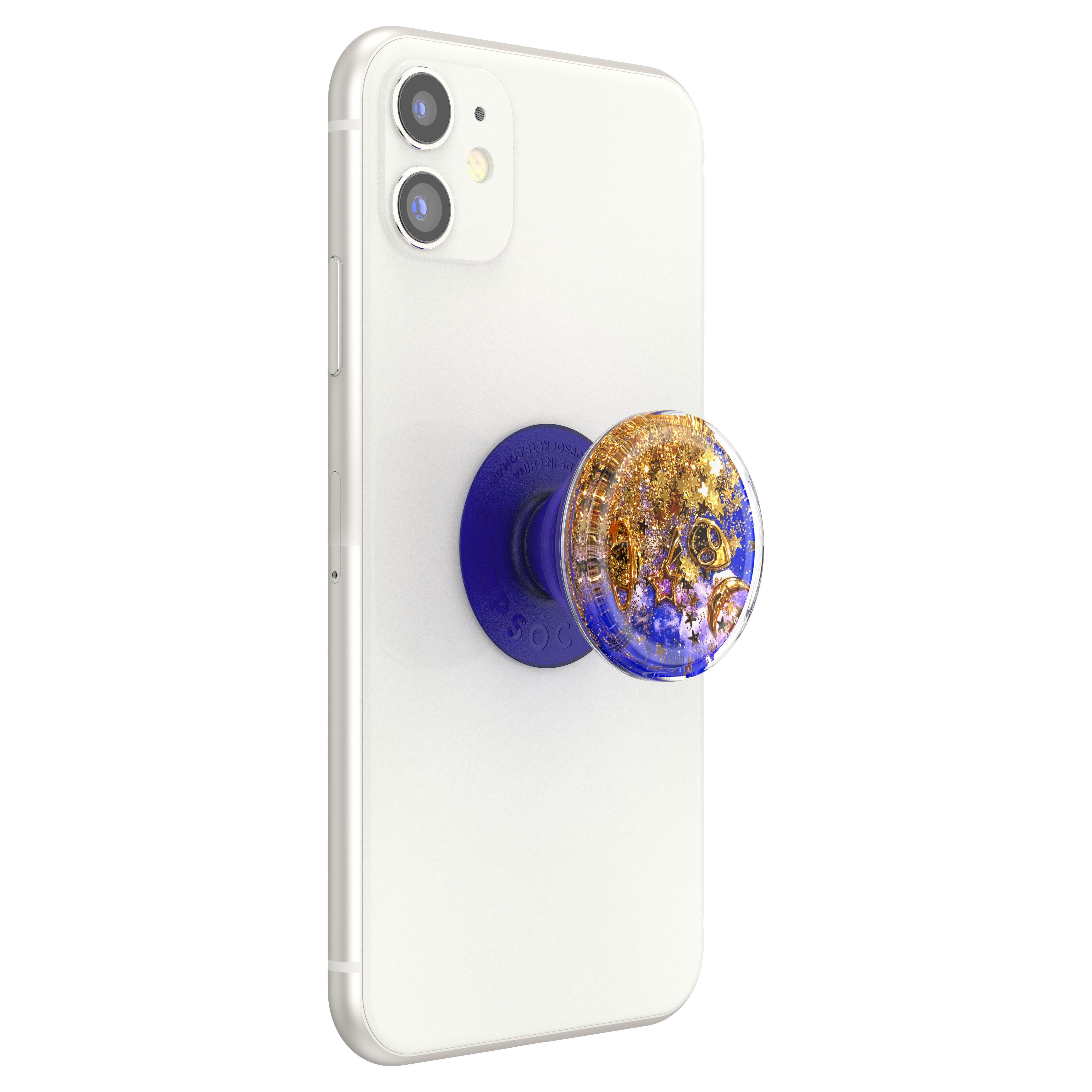 Weißes Telefon mit blauem PopSocket. Der PopSocket hat goldenen Glitzer.