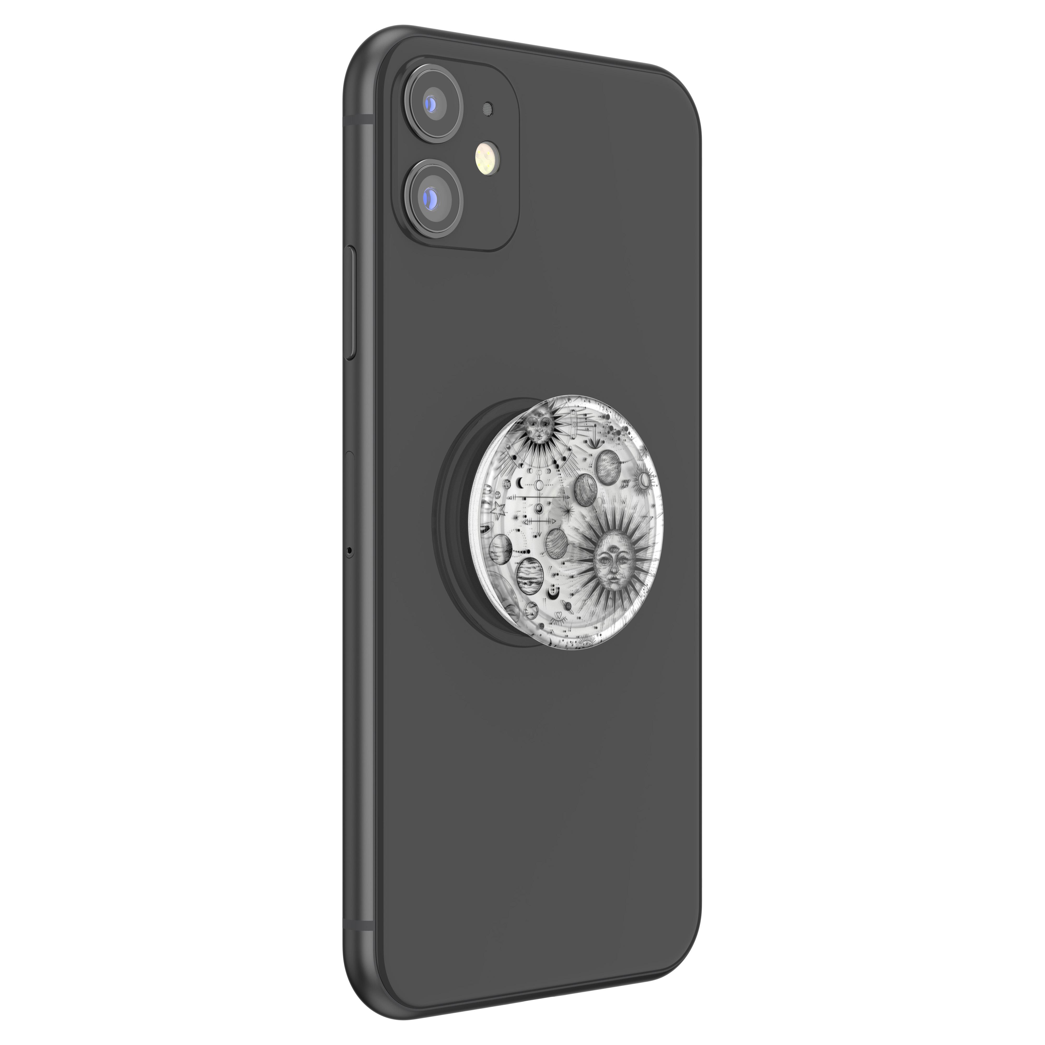 Schwarzes Telefon mit einem Pop-Socket mit Mond- und Sonnendesign auf der Rückseite.