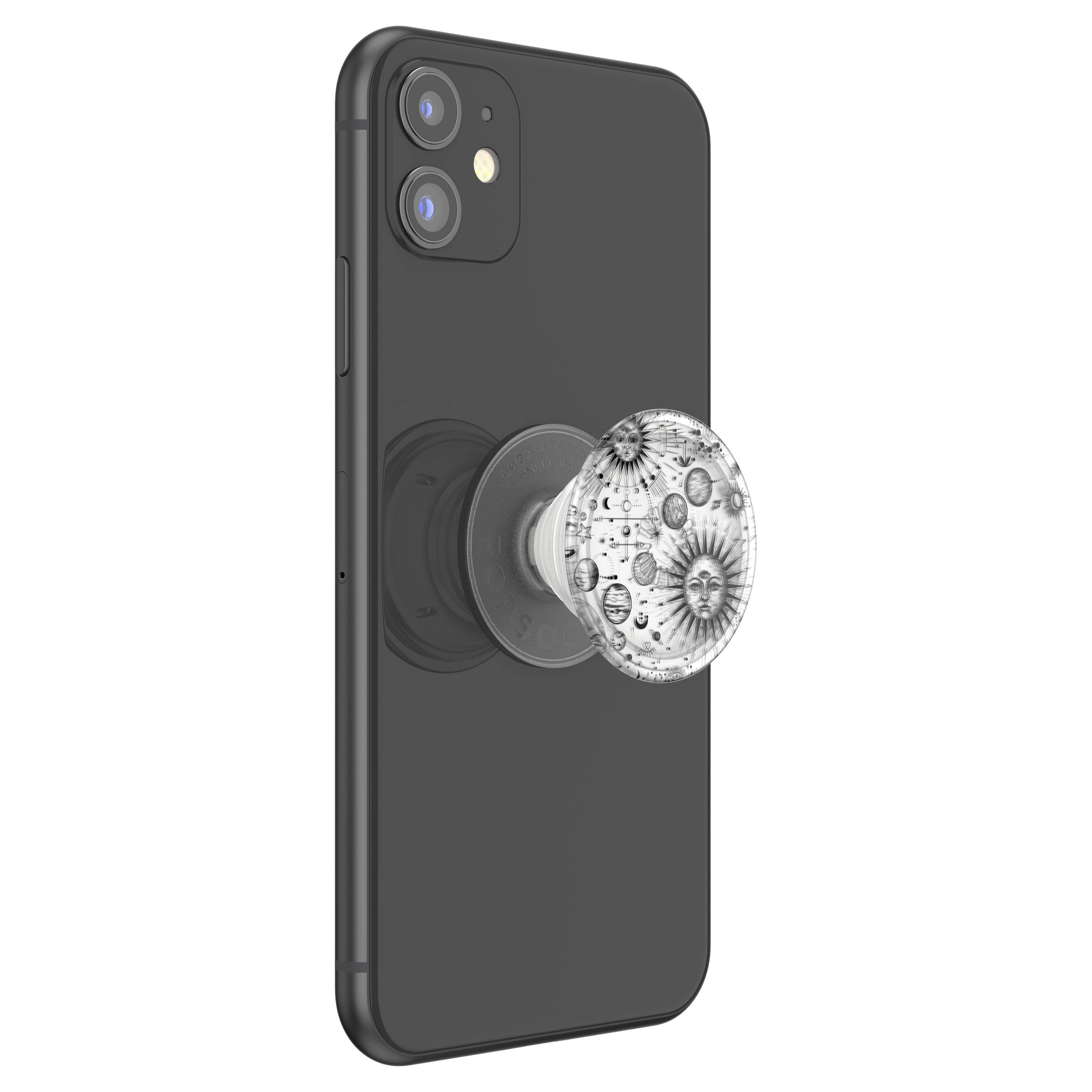 Schwarzes Telefon mit Pop-Socket, Sonnen- und Planetendesign, vor weißem Hintergrund.