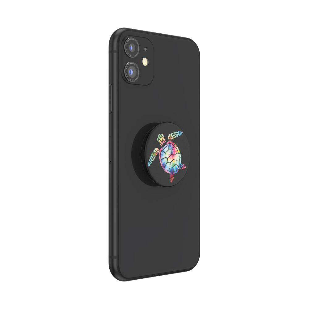 Ein schwarzes Telefon mit einem Schildkröten-PopSocket. Die Schildkröte ist bunt.