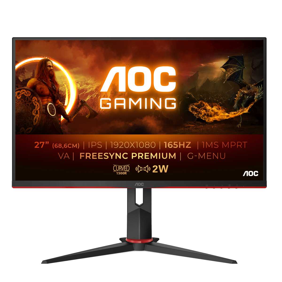 Monitor gaming - AOC C27G2AE/BK, 27" FHD, 1 ms, 165 Hz, Curvo, Low Input Lag, FreeSync™ Premium, Negro y Rojo