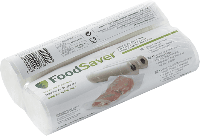 Emballage FoodSaver, deux rouleaux de film plastique pour la conservation des aliments, avec texte.