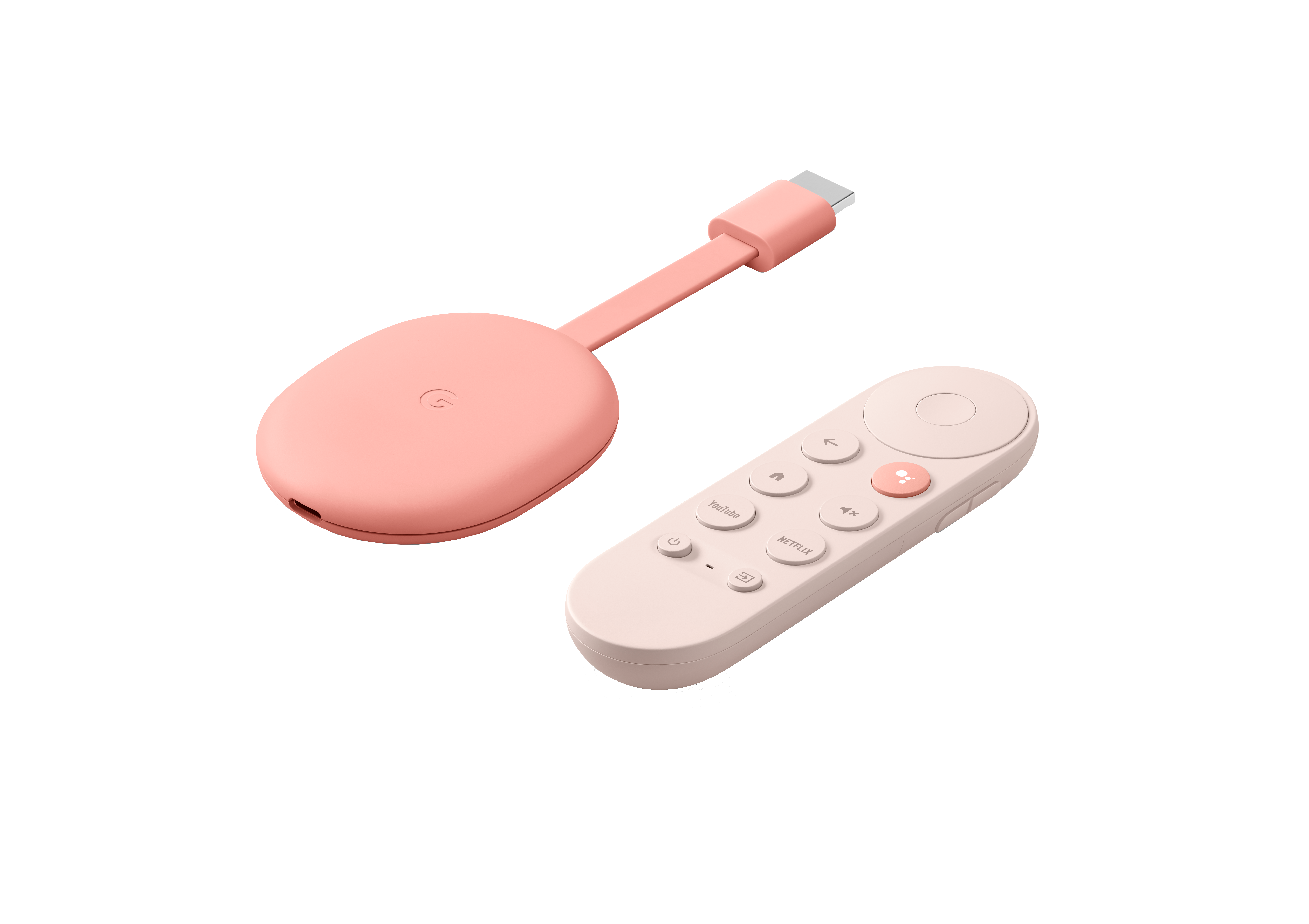Chromecast y mando a distancia rosas sobre fondo negro, vista en ángulo.