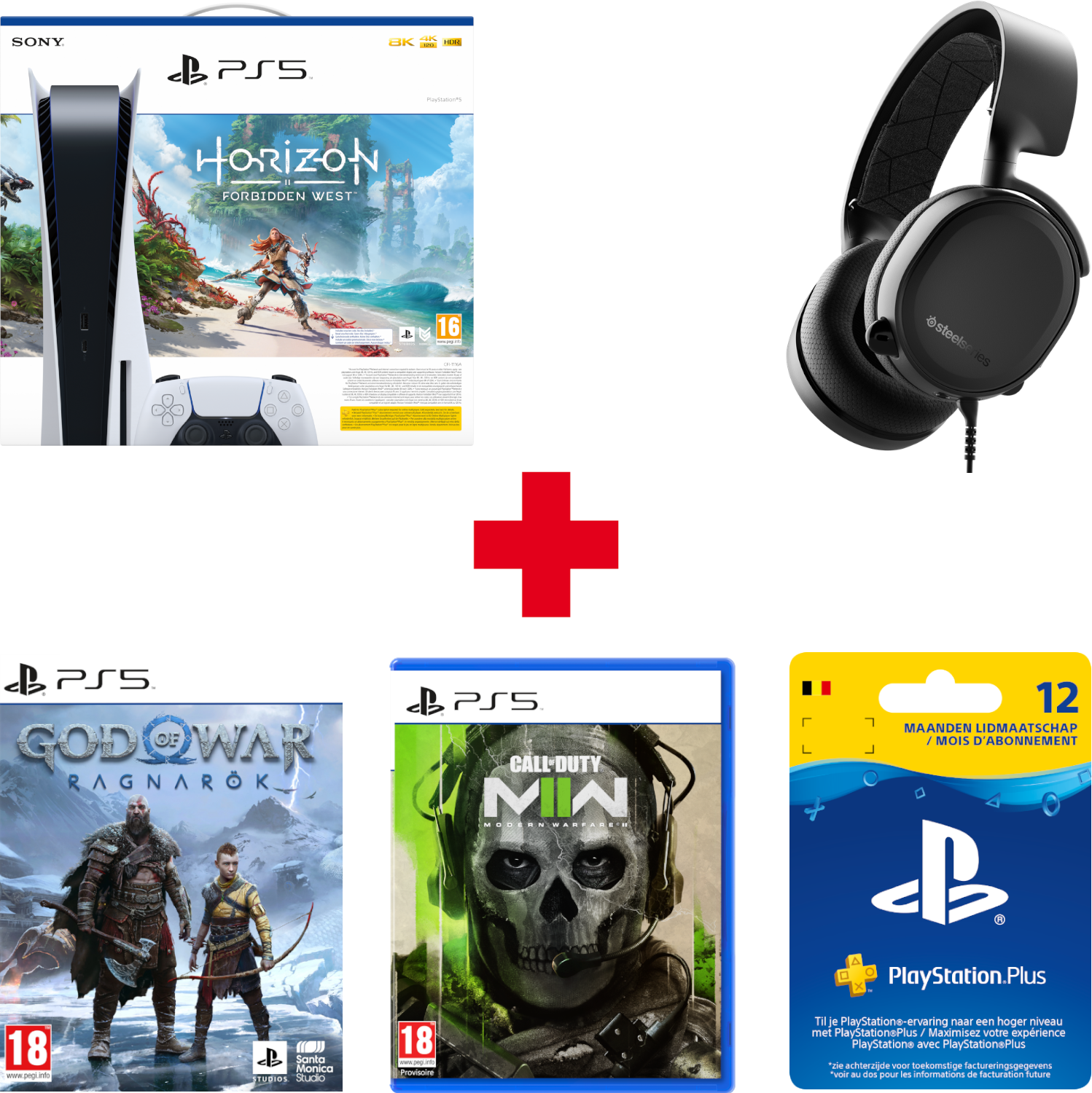 PLAYSTATION PS5 825 GB Horizon Forbidden West + Gaming headset Arctis 3 + Call Of Duty: Modern Warfare II FR + God Of War: Ragnarok UK/FR + PS Plus 12 maand