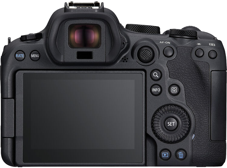 Egy Canon EOS R6 Mark II kamera, hátulnézet, látható LCD képernyővel.