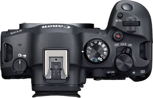Egy Canon EOS kamera felülnézete, a kezelőszervek láthatók.