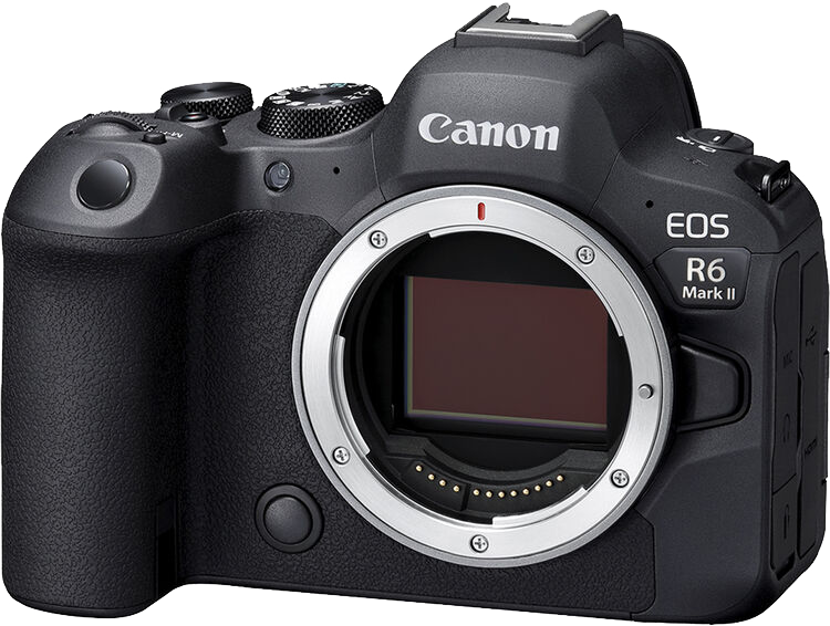 Canon EOS R6 Mark II kamera, fekete színű, objektívvel és Canon logóval.