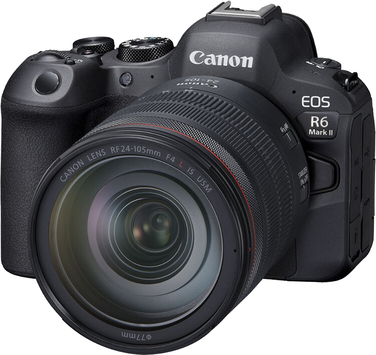 Egy Canon EOS R6 Mark II kamera objektívvel, fehér háttéren.