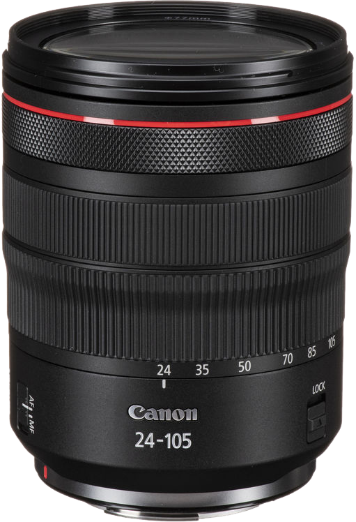 Canon 24-105mm objektív. Fekete, piros gyűrűvel. Látható a fókuszgyűrű és a gyújtótávolság jelölése.