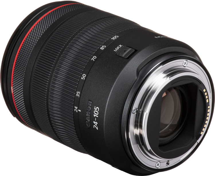 Canon 24-105 mm-es objektív. Az objektív fekete, piros részletekkel és mérési jelzésekkel.