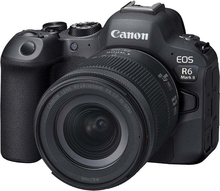 Fekete Canon EOS R6 Mark II kamera objektívvel, elölnézetben, fehér alapon.