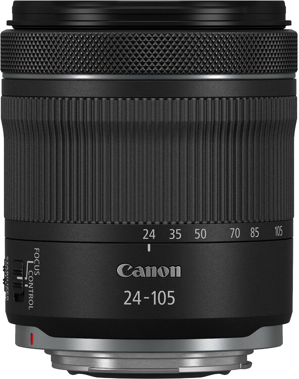 Fekete Canon 24-105mm objektív, fókusz- és stabilizátor vezérlőkkel fehér háttéren.