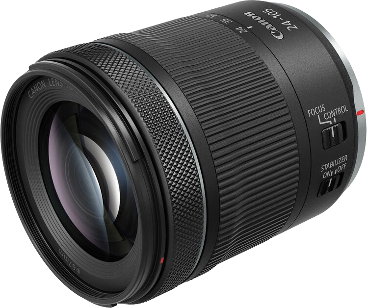 Canon 24-105mm objektív. Fekete, bordázott fogantyúval és vezérlőgyűrűkkel.