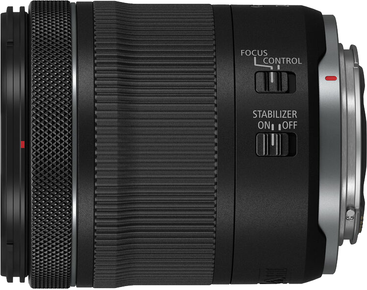Canon objektív, oldalsó nézet fókusz-, stabilizátor- és vezérlőbeállításokkal.