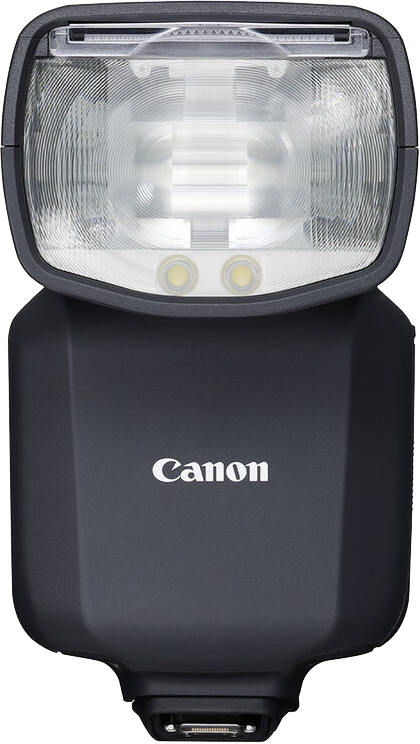 Egy Canon Speedlite vaku. A vaku fekete és fehér előlapja van.