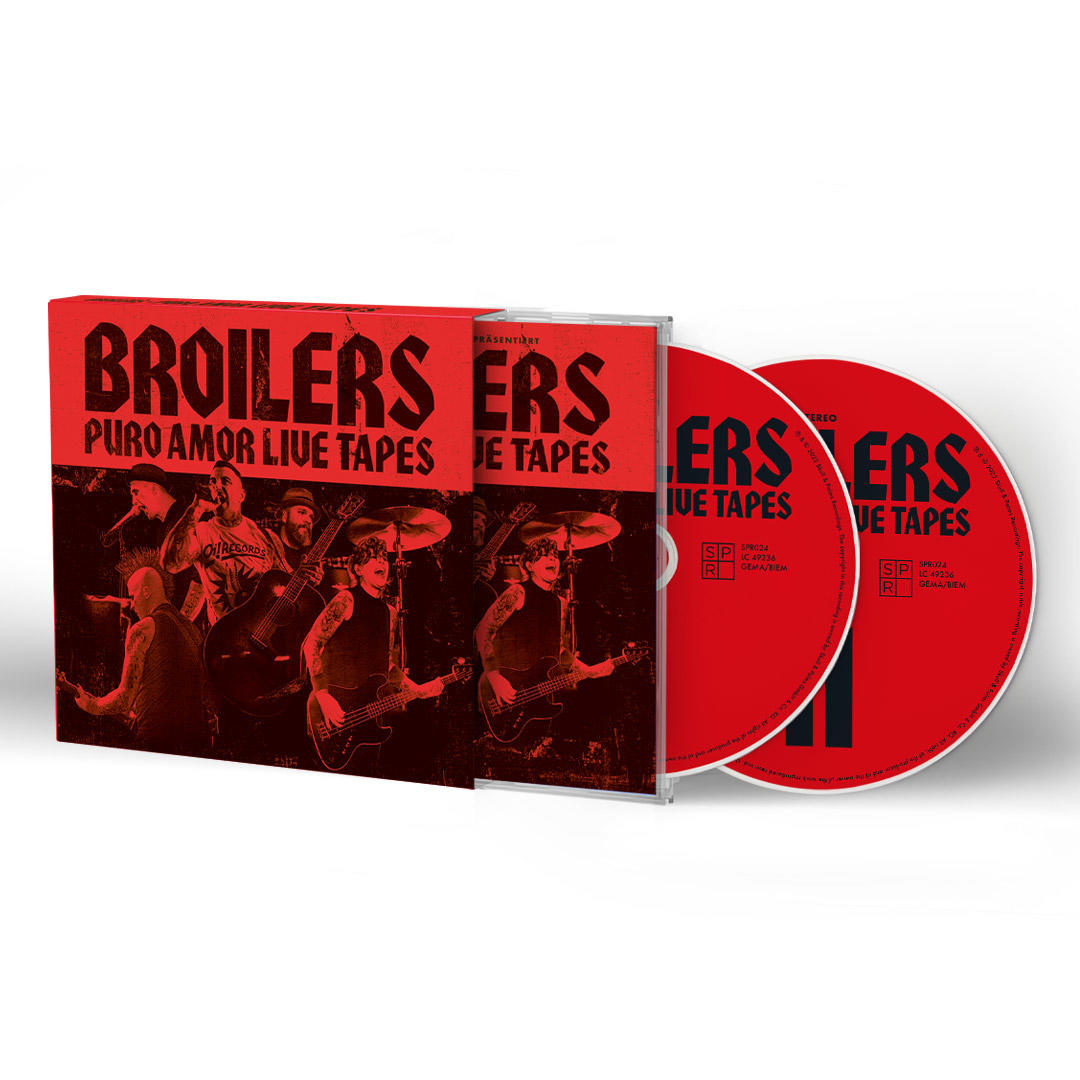 Ein CD-Case mit rotem und schwarzem Design, das die Band Broilers zeigt, mit zwei roten CDs sichtbar.