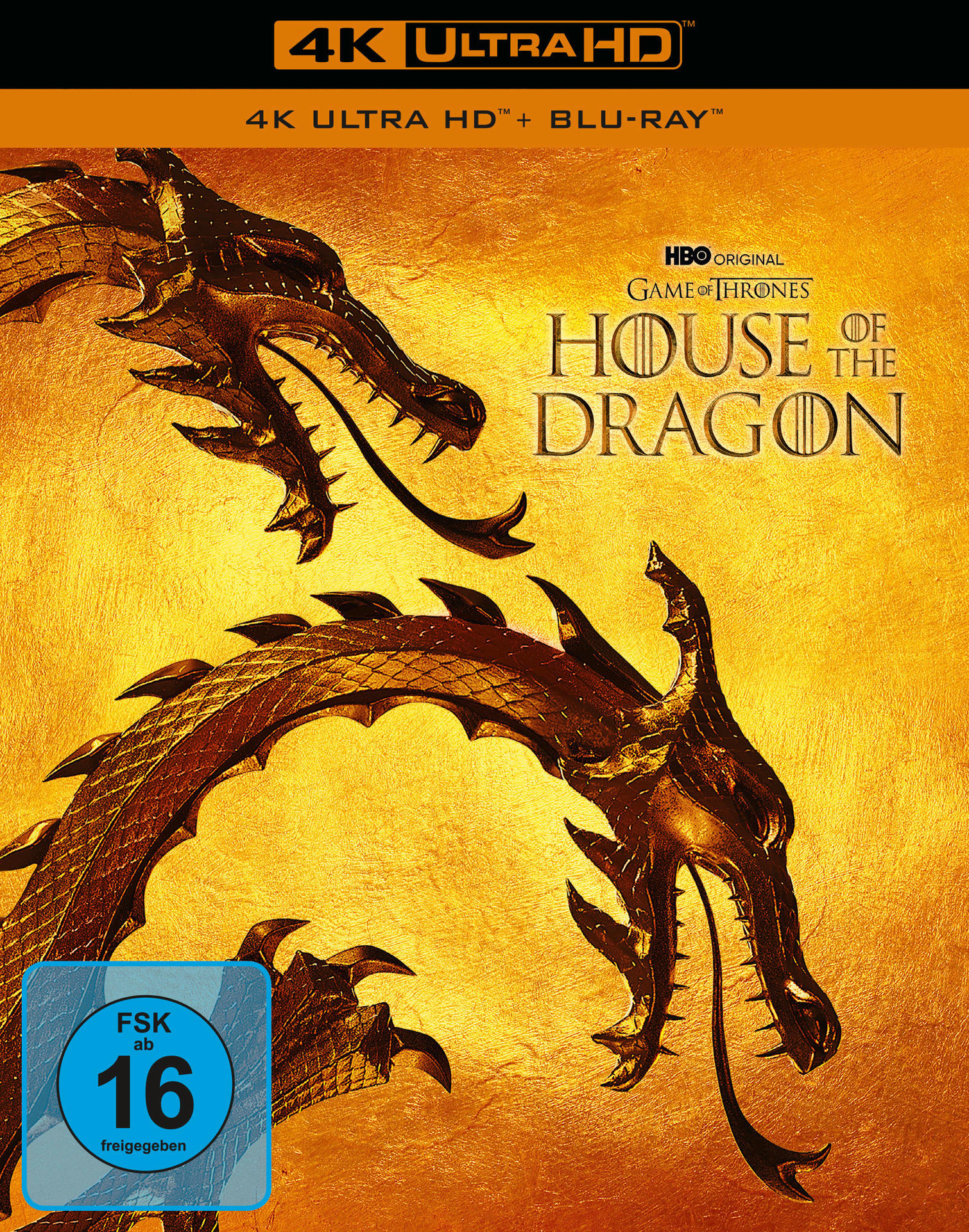 Ein 4K Ultra HD Blu-ray Cover für 'House of the Dragon', mit Drachenköpfen auf goldenem Hintergrund.