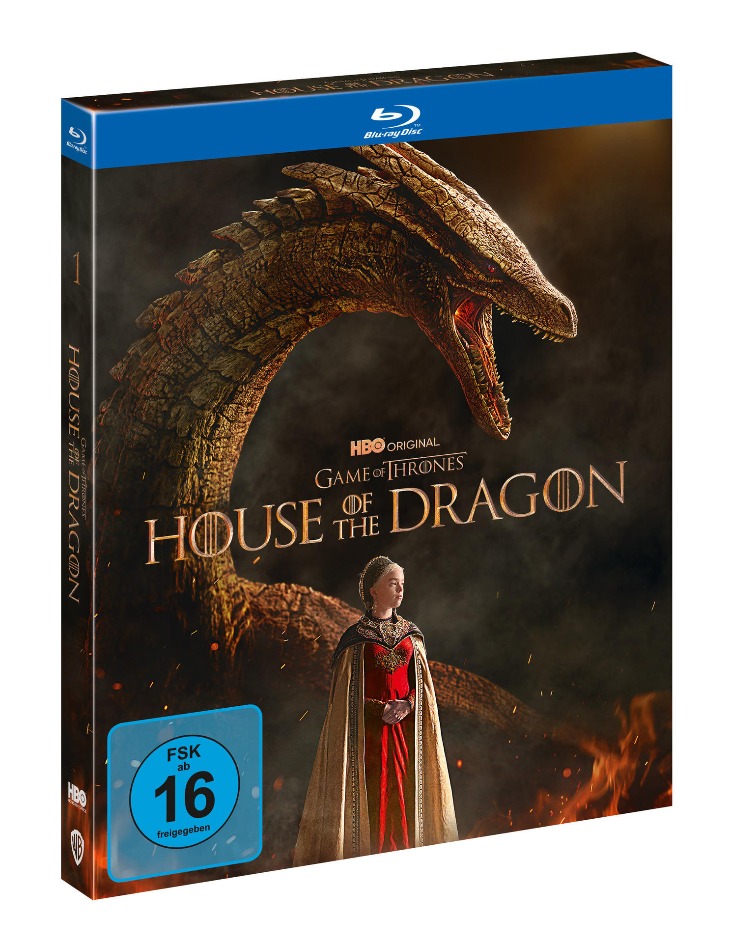 Blu-ray-Hülle für 'House of the Dragon' mit Drachen und Frau in Rot.