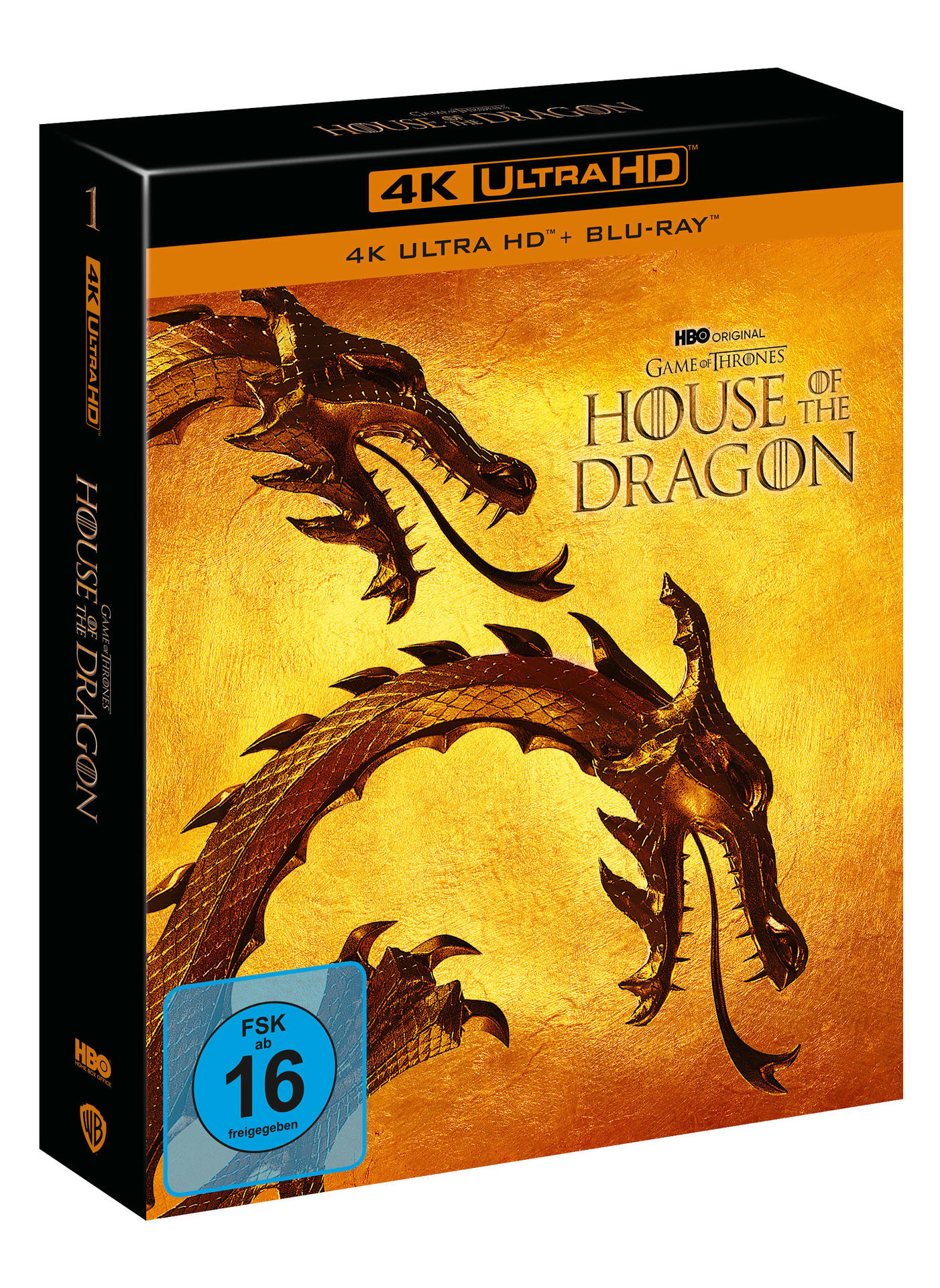 Game of Thrones Box mit Drachen auf goldenem Hintergrund.