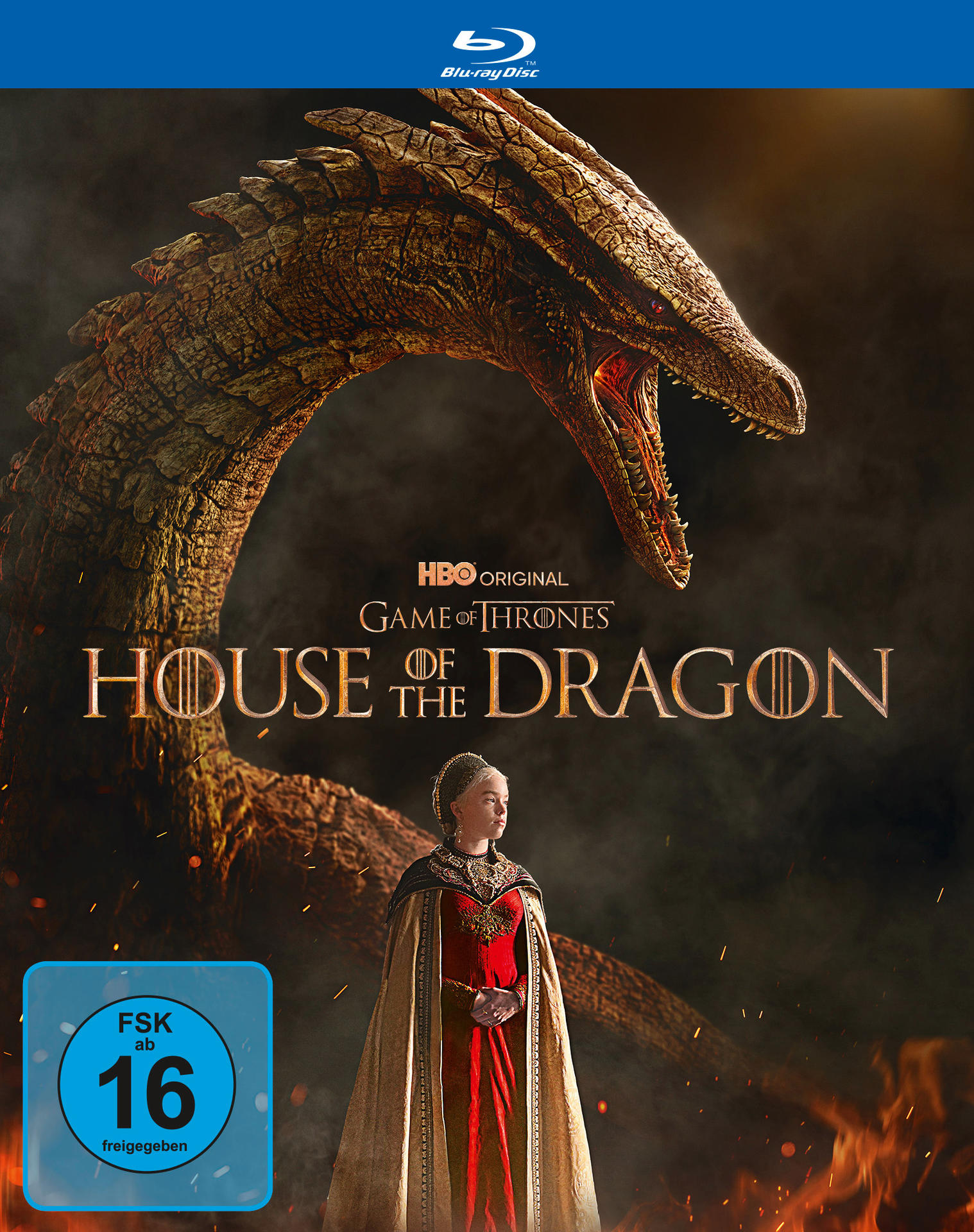 House of the Dragon Blu-ray-Cover mit einem Drachen und einer Frau in Rot.
