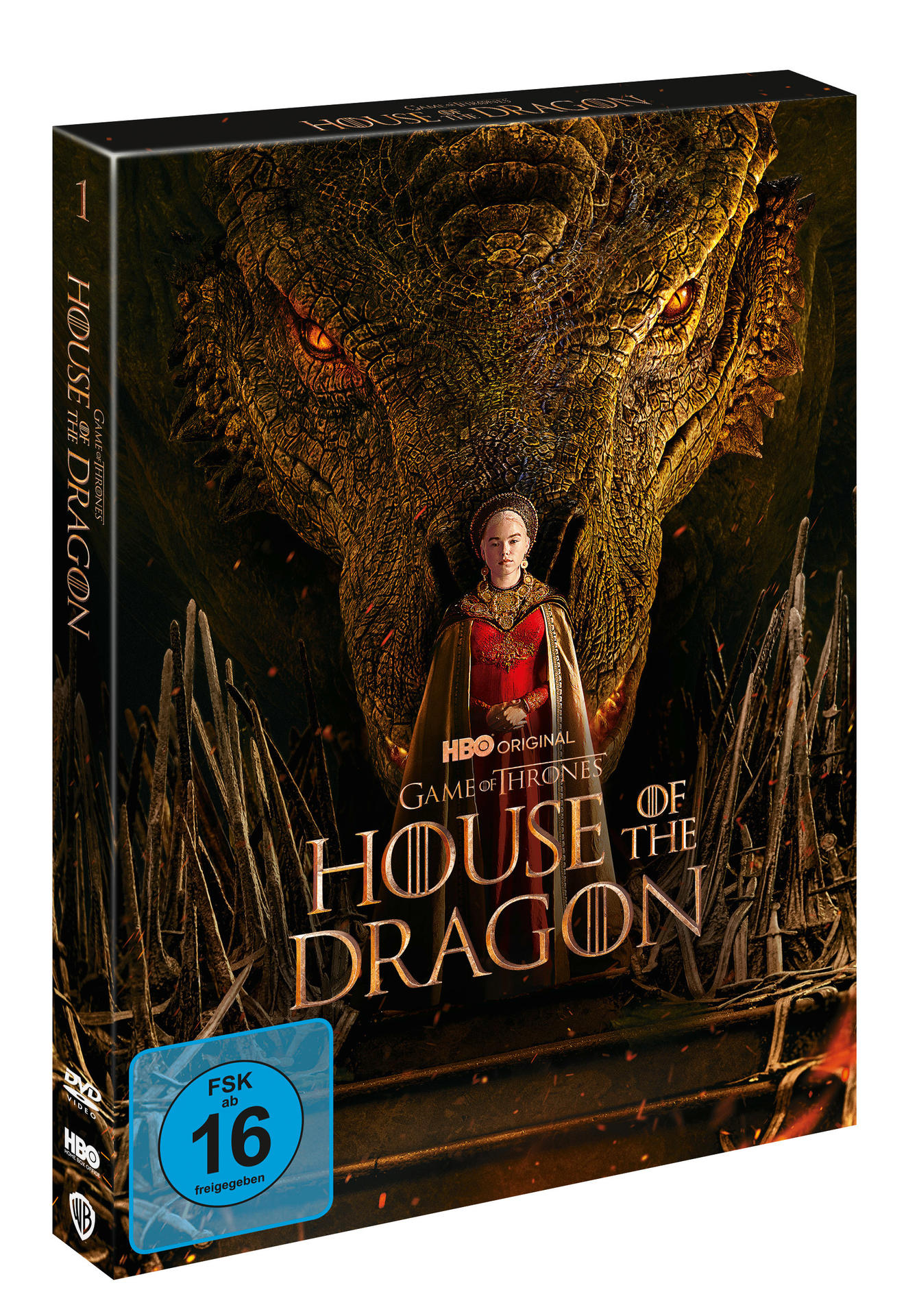 DVD-Cover von House of the Dragon. Ein Drache und eine Frau sind abgebildet, mit dem Serientitel.