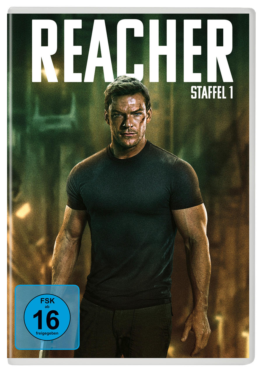 Reacher Staffel 1 DVD-Cover mit Alan Ritchson, einem Mann mit ernstem Gesicht.